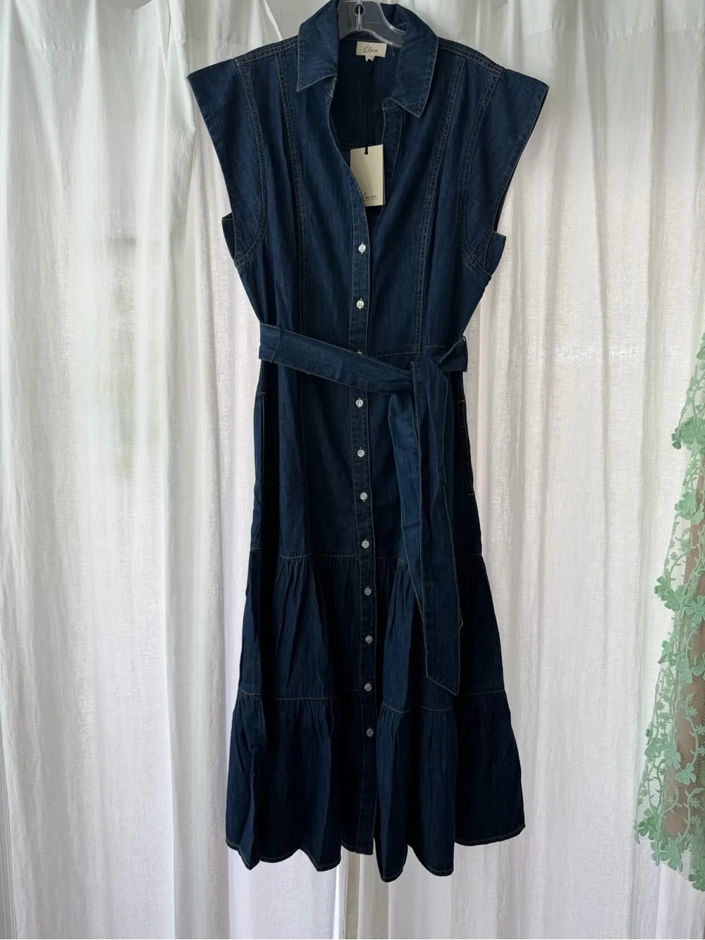 Elan Indigo Denim Tiered Maxi Skirt with Self-Tie Waist - Picture 8 of 9